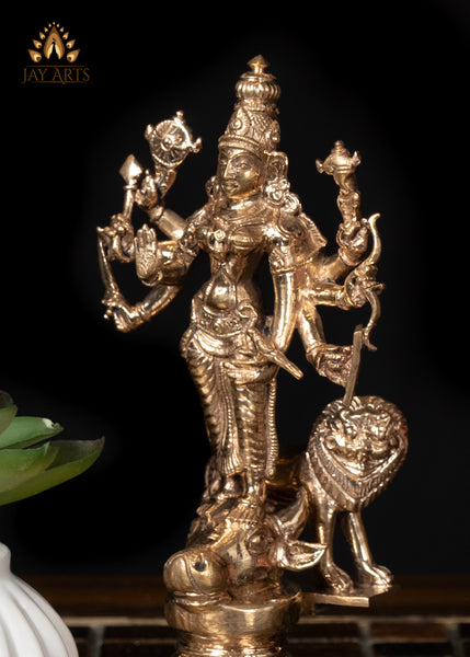 6" Bronze Durga Standing on Bull's Head with Lion Behind Hindu Goddess Statue