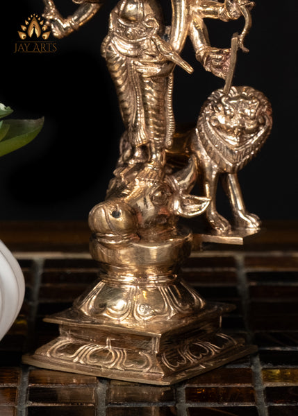 6" Bronze Durga Standing on Bull's Head with Lion Behind Hindu Goddess Statue