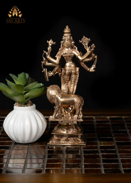 6" Bronze Durga Standing on Bull's Head with Lion Behind Hindu Goddess Statue