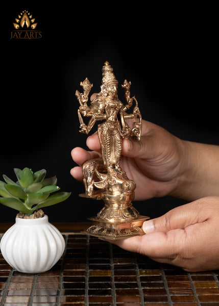 6" Bronze Durga Standing on Bull's Head with Lion Behind Hindu Goddess Statue