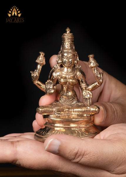3" Small Bronze Sitting Goddess Lakshmi Holding Lotus Divine Grace and Elegance