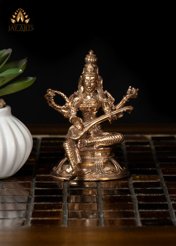 3" Small Bronze Saraswati Statue Holding Veena  Divine Grace and Elegance