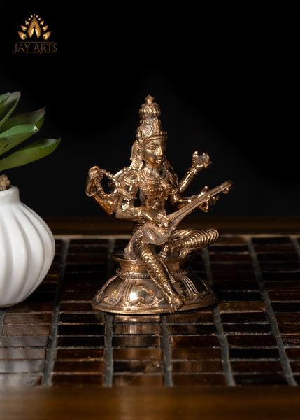 3" Small Bronze Saraswati Statue Holding Veena  Divine Grace and Elegance