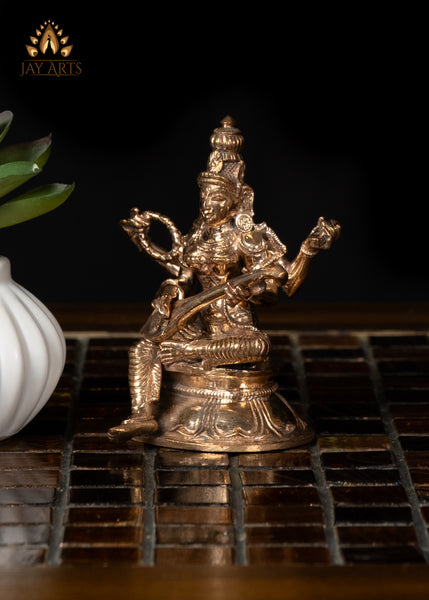 3" Small Bronze Saraswati Statue Holding Veena  Divine Grace and Elegance
