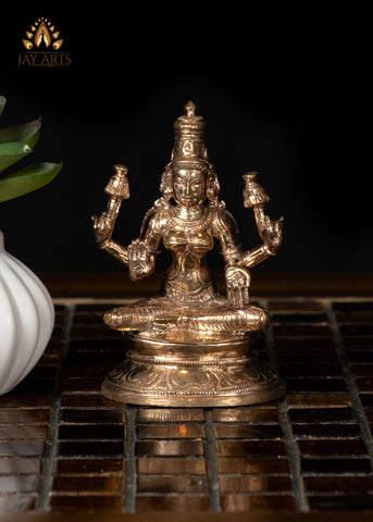 3" Small Bronze Sitting Goddess Lakshmi Holding Lotus Divine Grace and Elegance