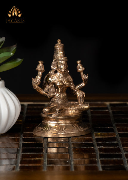 3" Small Bronze Sitting Goddess Lakshmi Holding Lotus Divine Grace and Elegance