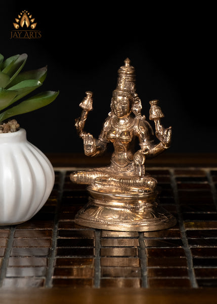 3" Small Bronze Sitting Goddess Lakshmi Holding Lotus Divine Grace and Elegance