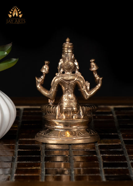 3" Small Bronze Sitting Goddess Lakshmi Holding Lotus Divine Grace and Elegance