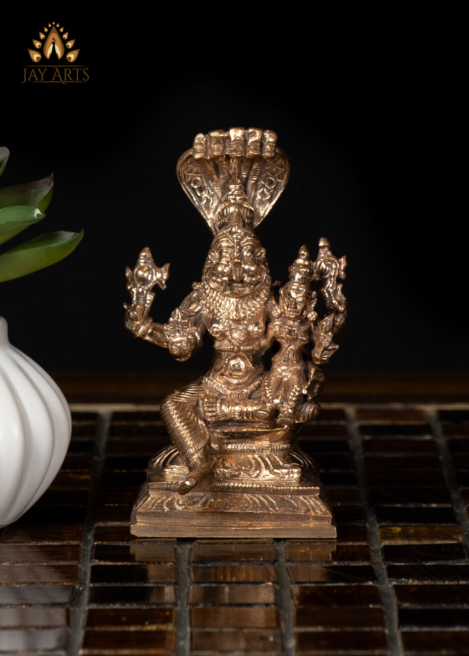 3" Bronze Lakshmi Narasimha Statue Divine Idol for Home Altar
