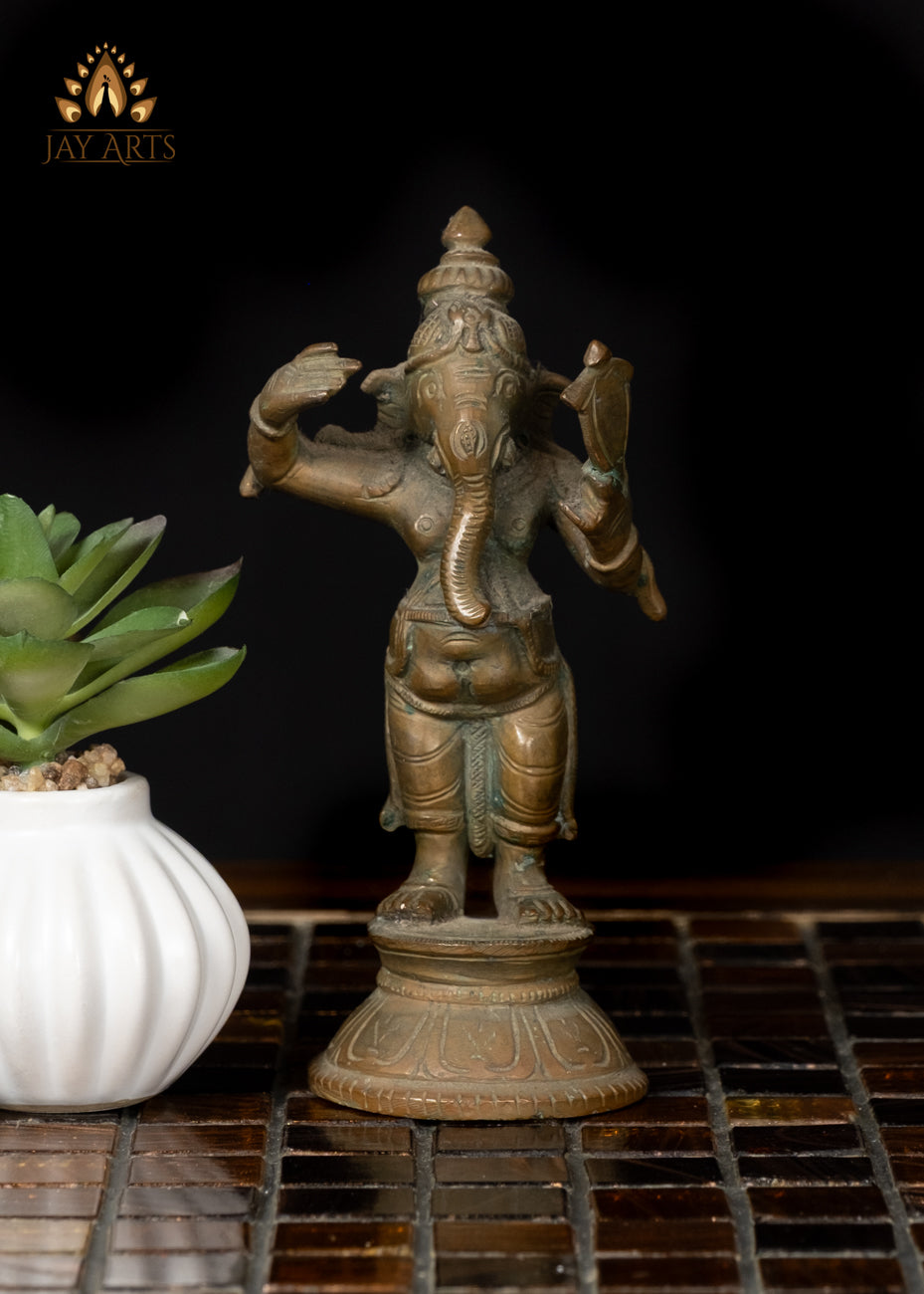 5" Unique Small Bronze Ganesha Statue Holding a Mirror Hindu Idol