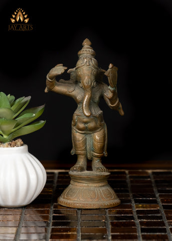 5" Unique Small Bronze Ganesha Statue Holding a Mirror Hindu Idol