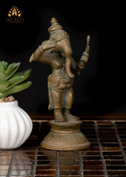 5" Unique Small Bronze Ganesha Statue Holding a Mirror Hindu Idol