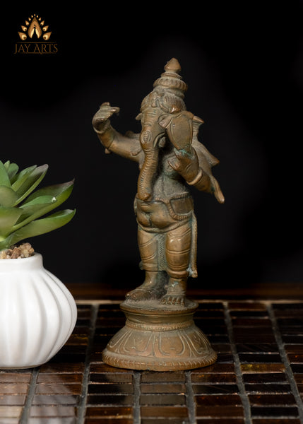 5" Unique Small Bronze Ganesha Statue Holding a Mirror Hindu Idol