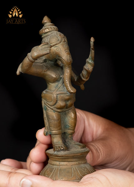 5" Unique Small Bronze Ganesha Statue Holding a Mirror Hindu Idol