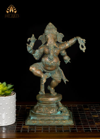 13" Dancing Ganesha Bronze Idol - Graceful Dance of the Divine