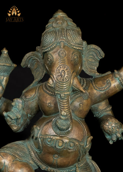 13" Dancing Ganesha Bronze Idol - Graceful Dance of the Divine