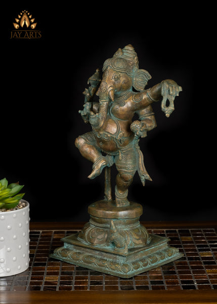13" Dancing Ganesha Bronze Idol - Graceful Dance of the Divine