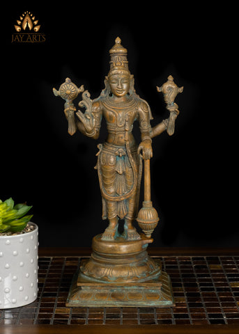 13" Bronze Vishnu with Gada The Divine Protector
