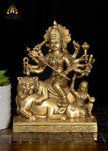 9" Brass Mahishasuramardhini Idol - Fierce Form of Goddess Durga