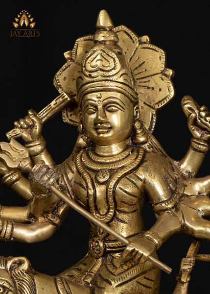 9" Brass Mahishasuramardhini Idol - Fierce Form of Goddess Durga