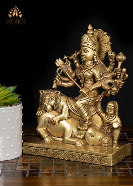 9" Brass Mahishasuramardhini Idol - Fierce Form of Goddess Durga