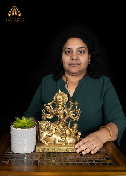 9" Brass Mahishasuramardhini Idol - Fierce Form of Goddess Durga