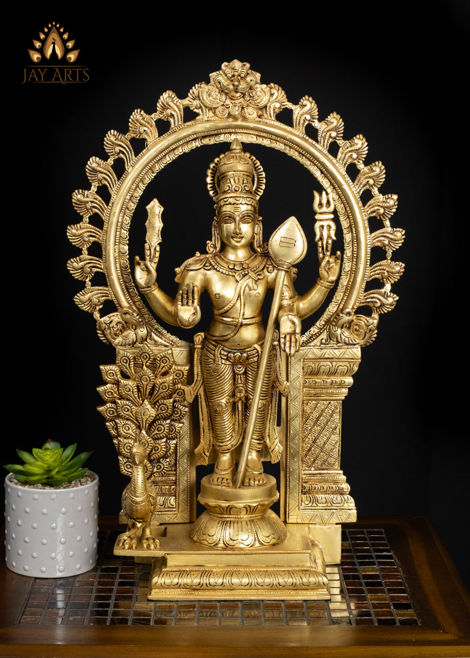 21" Brass Lord Murugan Statue with Ornate Arch – Divine Grace and Splendor
