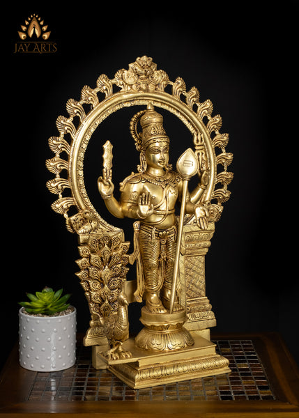 21" Brass Lord Murugan Statue with Ornate Arch – Divine Grace and Splendor
