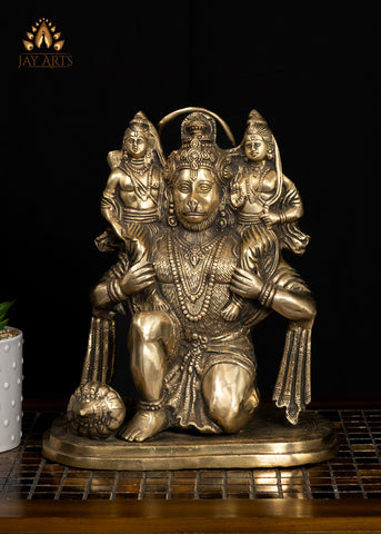 12" Bhakta Hanuman with Rama and Lakshmana Brass Statue