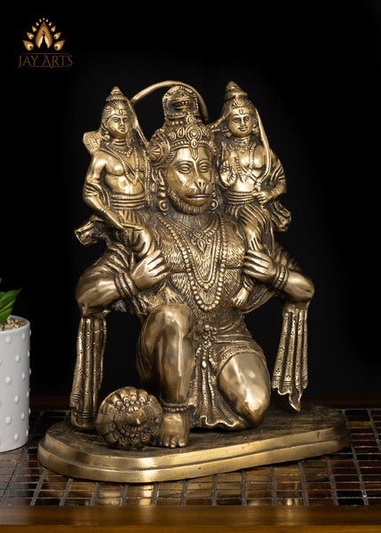 12" Bhakta Hanuman with Rama and Lakshmana Brass Statue