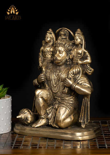 12" Bhakta Hanuman with Rama and Lakshmana Brass Statue