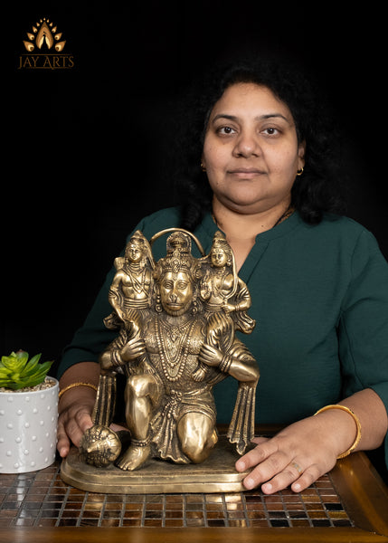 12" Bhakta Hanuman with Rama and Lakshmana Brass Statue