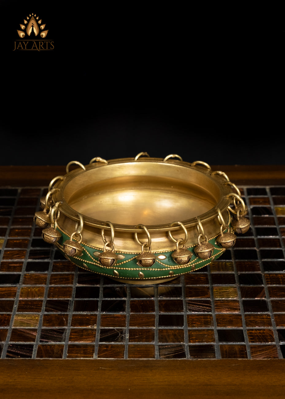 6" Elegant Brass Urli Bowl with Green Inlay for Home Decor