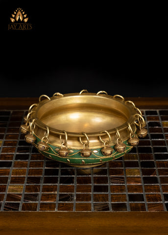 6" Elegant Brass Urli Bowl with Green Inlay for Home Decor
