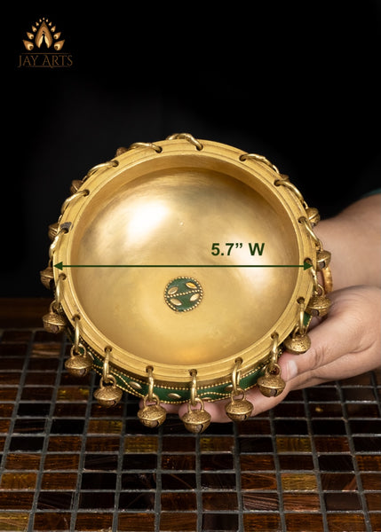 6" Elegant Brass Urli Bowl with Green Inlay for Home Decor