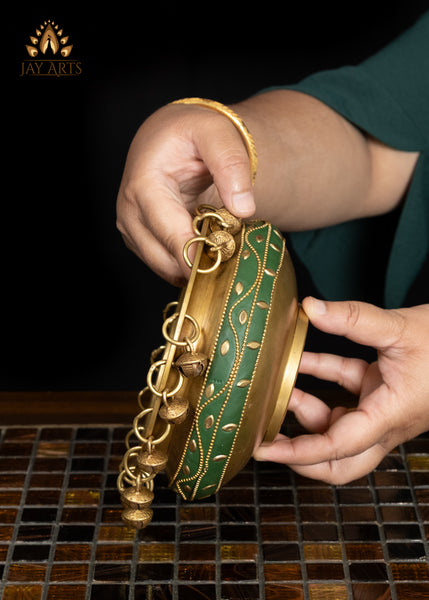 6" Elegant Brass Urli Bowl with Green Inlay for Home Decor