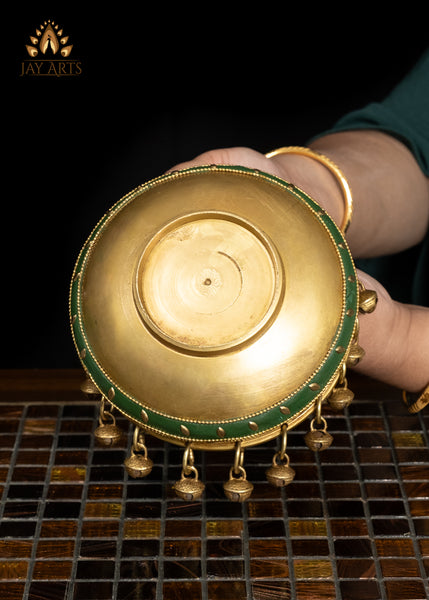 6" Elegant Brass Urli Bowl with Green Inlay for Home Decor