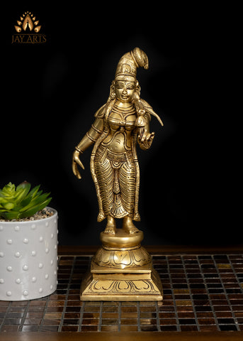 12" Beautiful Goddess Andal Standing with a Parrot Brass Statue