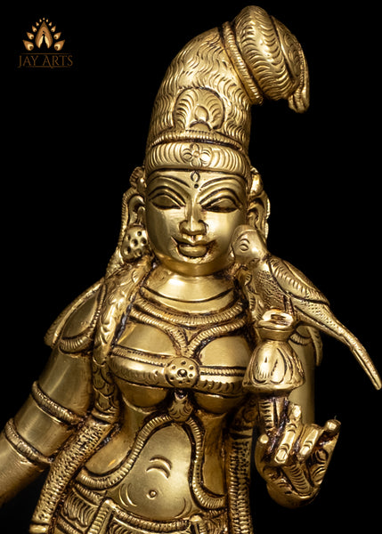 12" Beautiful Goddess Andal Standing with a Parrot Brass Statue