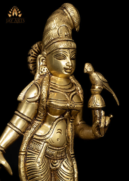 12" Beautiful Goddess Andal Standing with a Parrot Brass Statue