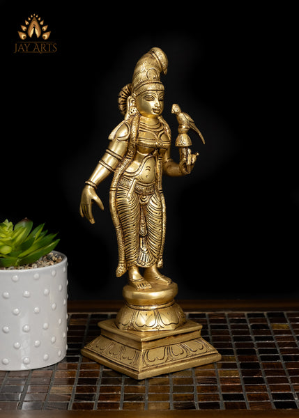 12" Beautiful Goddess Andal Standing with a Parrot Brass Statue