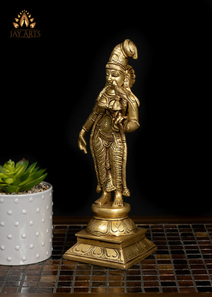 12" Beautiful Goddess Andal Standing with a Parrot Brass Statue