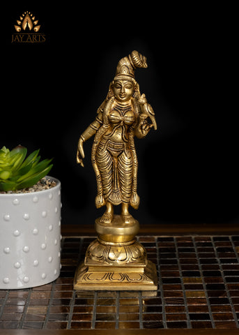 9" Brass Goddess Andal Standing on a Lotus Divine Goddess Statue