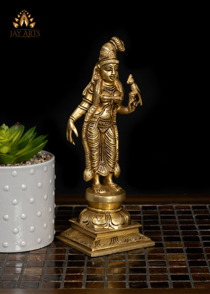 9" Brass Goddess Andal Standing on a Lotus Divine Goddess Statue