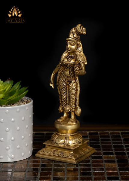 9" Brass Goddess Andal Standing on a Lotus Divine Goddess Statue