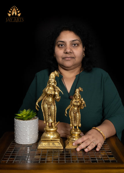12" Beautiful Goddess Andal Standing with a Parrot Brass Statue