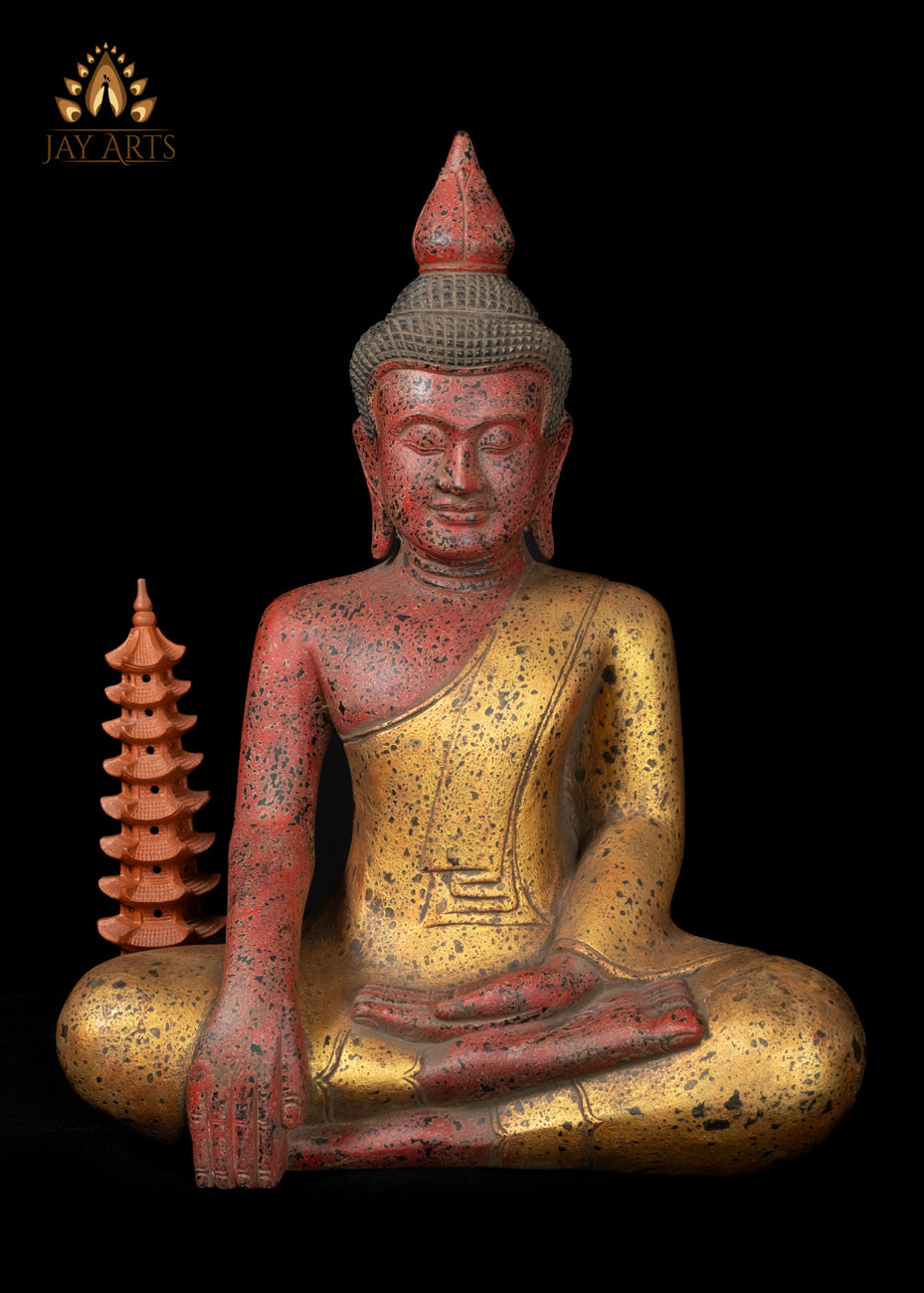 27" Hand-Carved Wood Buddha in Earth Touching Mudra from Cambodia Rustic Red & Gold Finish