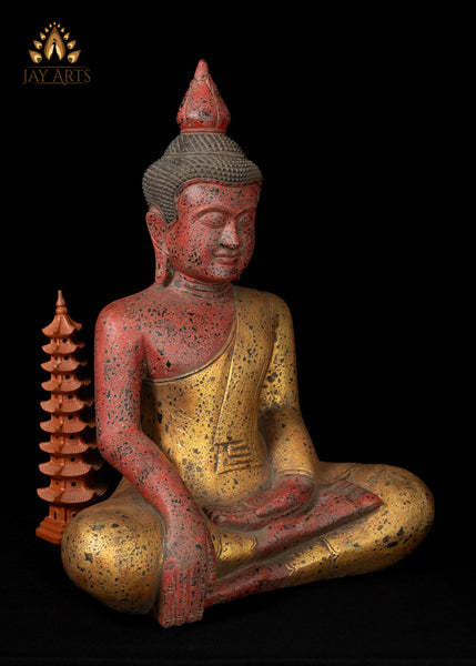 27" Hand-Carved Wood Buddha in Earth Touching Mudra from Cambodia Rustic Red & Gold Finish