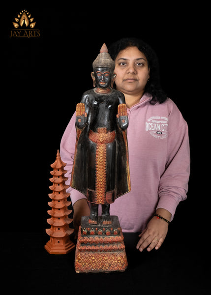 28" Cambodian Standing Wood Buddha in Abhaya Mudra – Symbol of Protection and Peace
