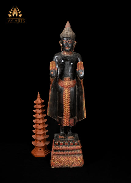 28" Cambodian Standing Wood Buddha in Abhaya Mudra – Symbol of Protection and Peace